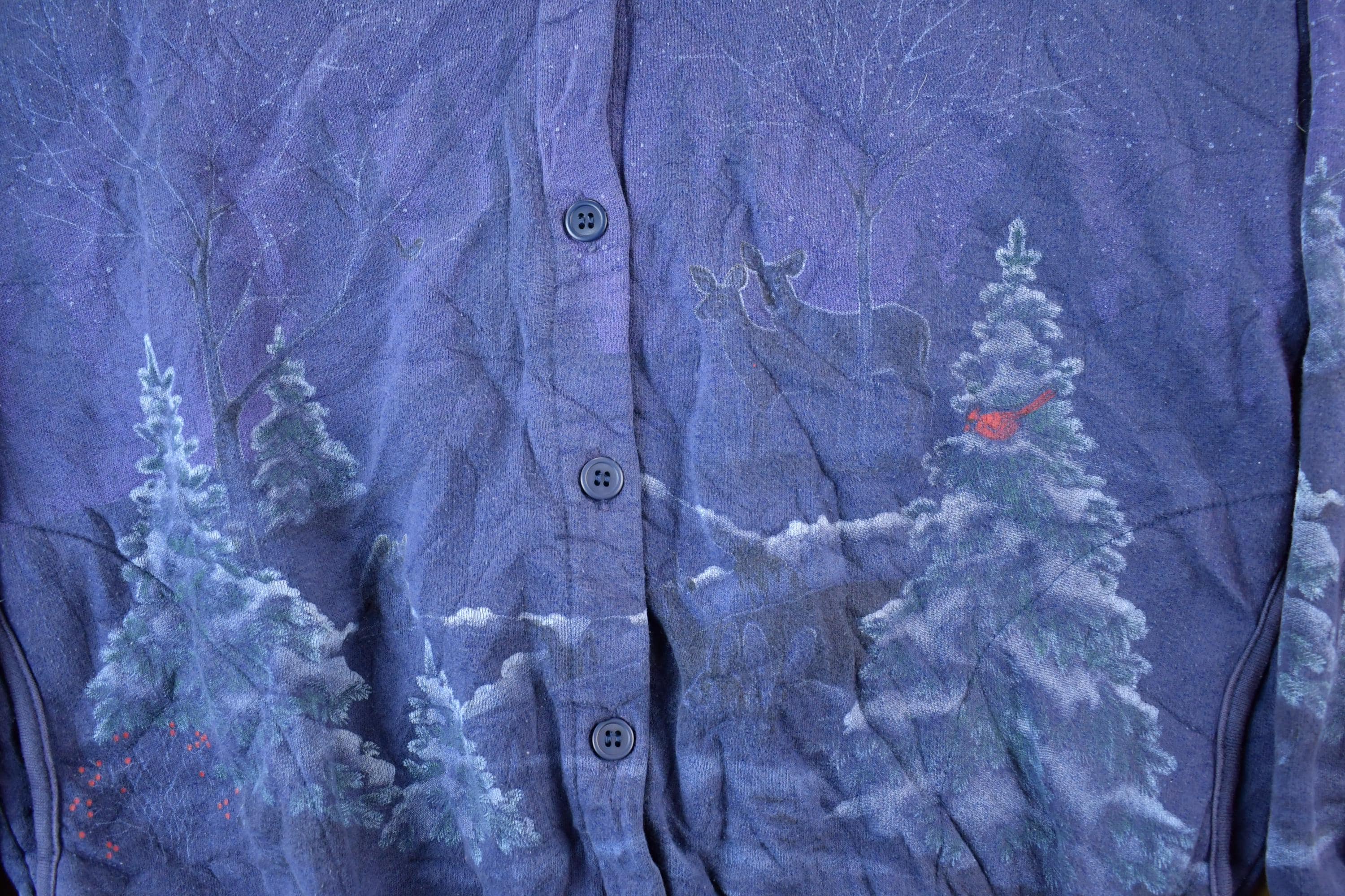 Vintage 1990s Forest Nature Landscape Graphic Cardigan Sweatshirt Women's Medium