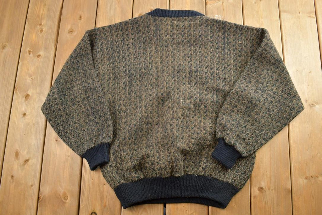 Vintage 1990s Trutus Biancarla Crazy Leather Knit Quarter Button Crewneck Sweater