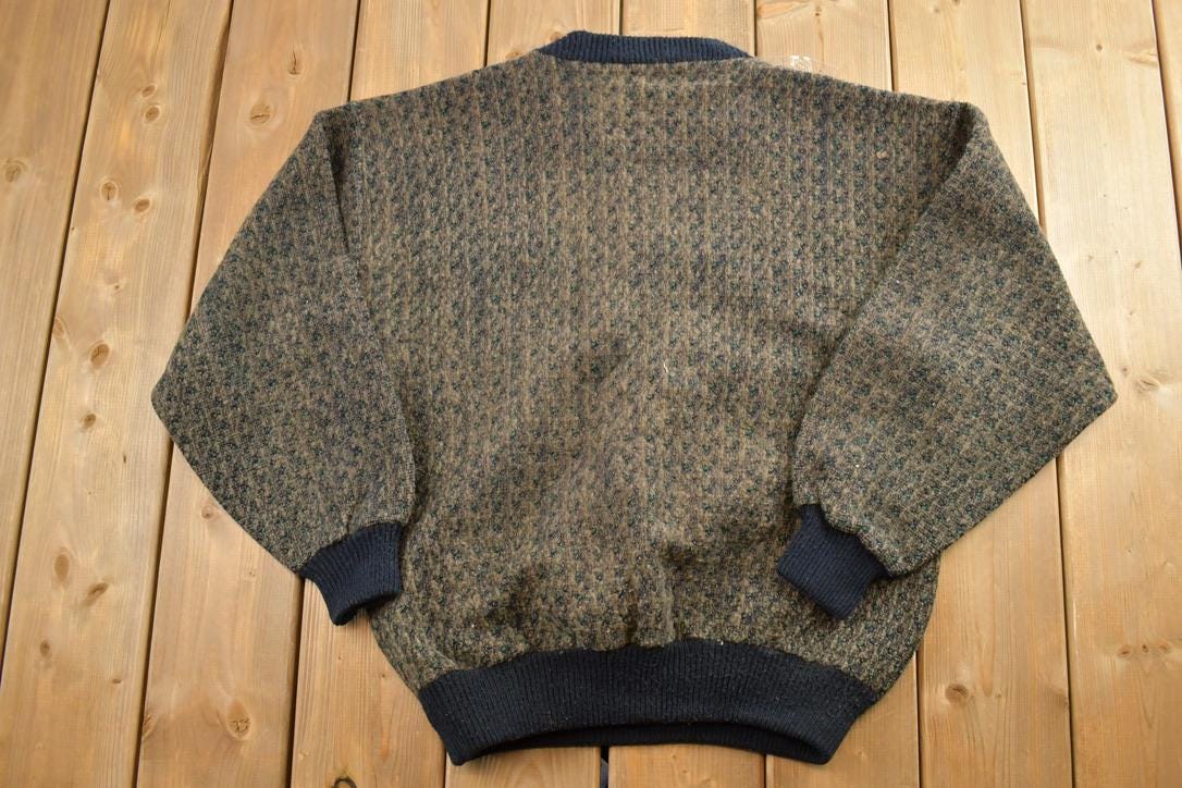 Vintage 1990s Trutus Biancarla Crazy Leather Knit Quarter Button Crewneck Sweater  90s Crewneck  Preppy