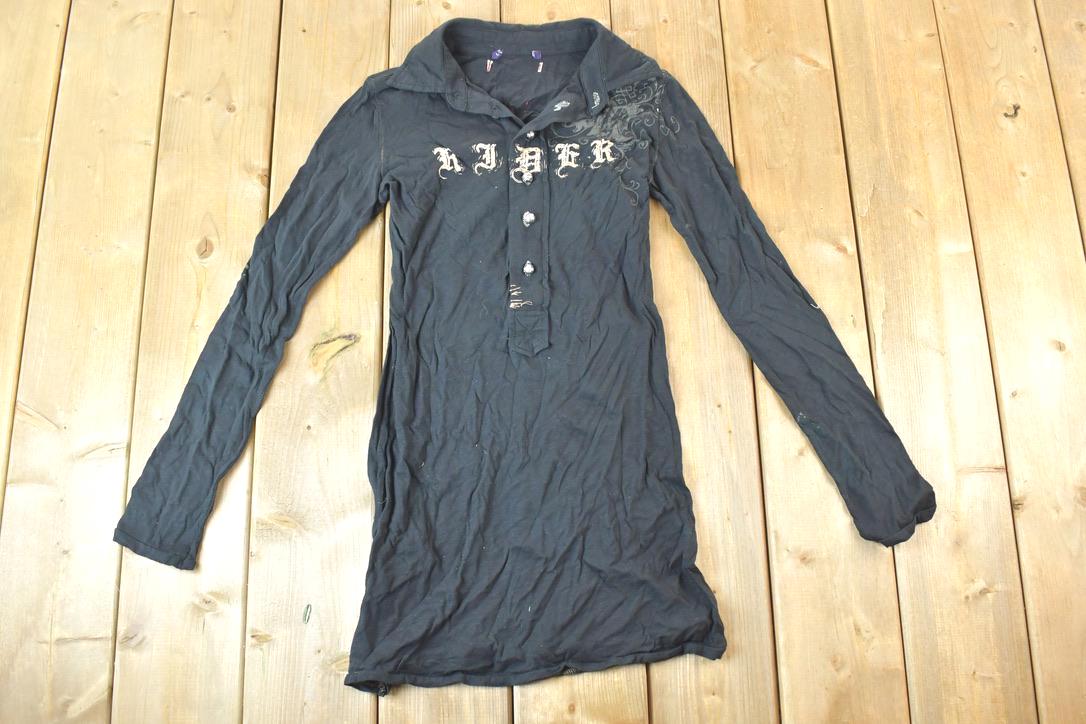 Women Vintage Vigoss Y2K Freedom Rider Button Up T-Shirt / Vigoss Grunge Skull Print / Contrast Stitch / Internet Famous Clothing