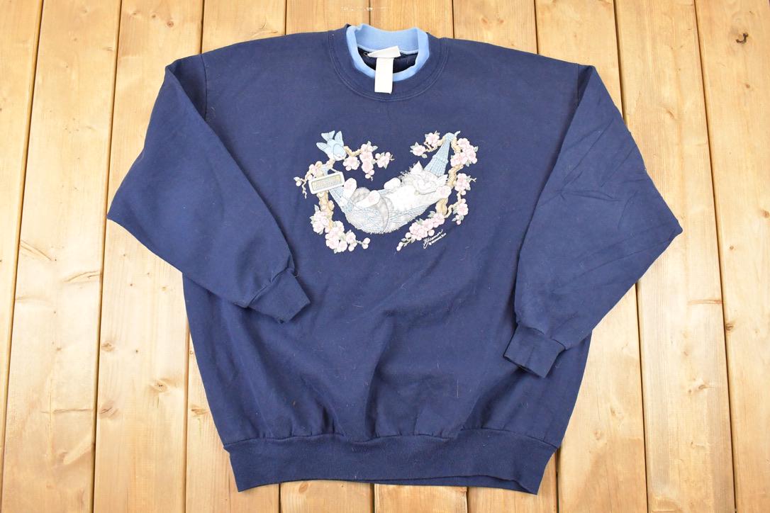 Vintage 1990s Morning Sun Cute Sleeping Kitty Graphic Print Double Collar Crewneck Sweatshirt Womens XXL / Made In USA / 90's Cat Sweater