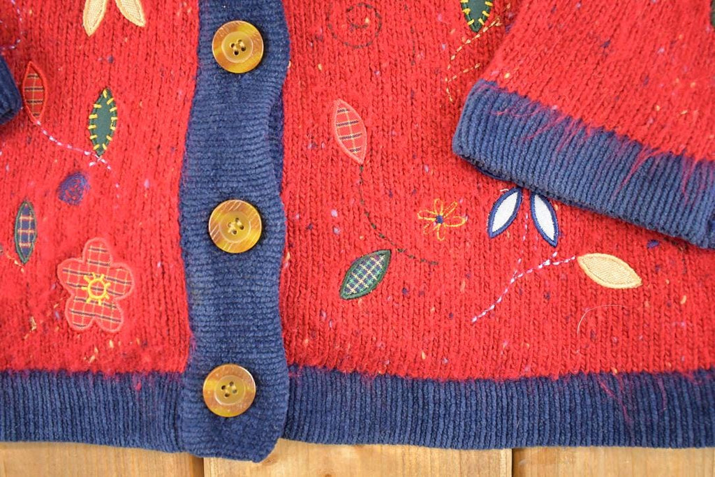 Vintage 1990s Koret City Blues Heavy Knit Flower Cardigan Sweater Women's L / Abstract Pattern 3D Knitted Sweatshirt