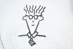Vintage 1986 Squiggle Hair Guy Story Print Crewneck Sweatshirt