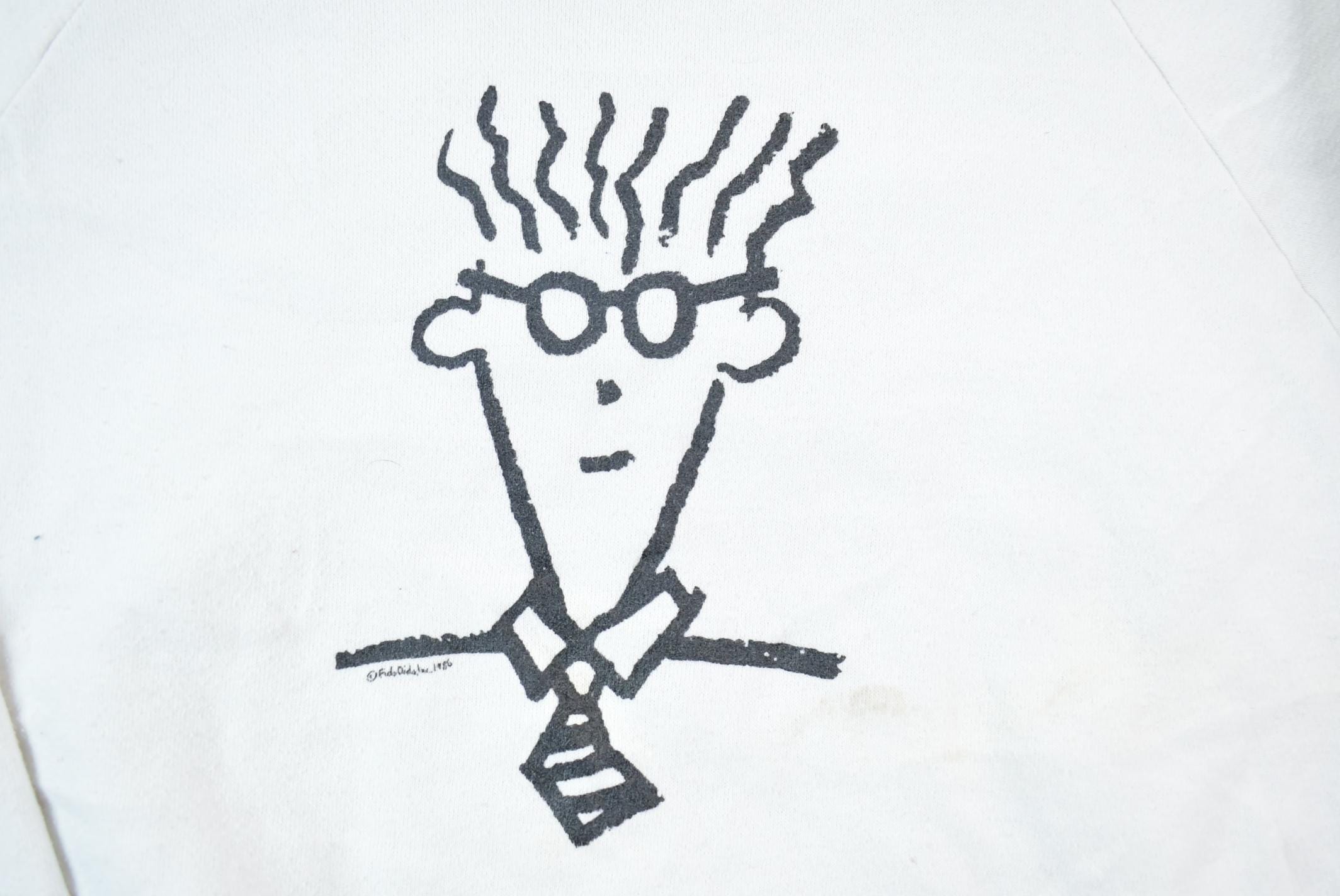 Vintage 1986 Squiggle Hair Guy Story Print Crewneck Sweatshirt