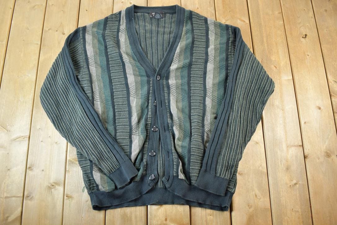 Vintage 1990s Tosani Cable Abstract Knit Perfect Mild Distress Cardigan Sweater Made In Canada