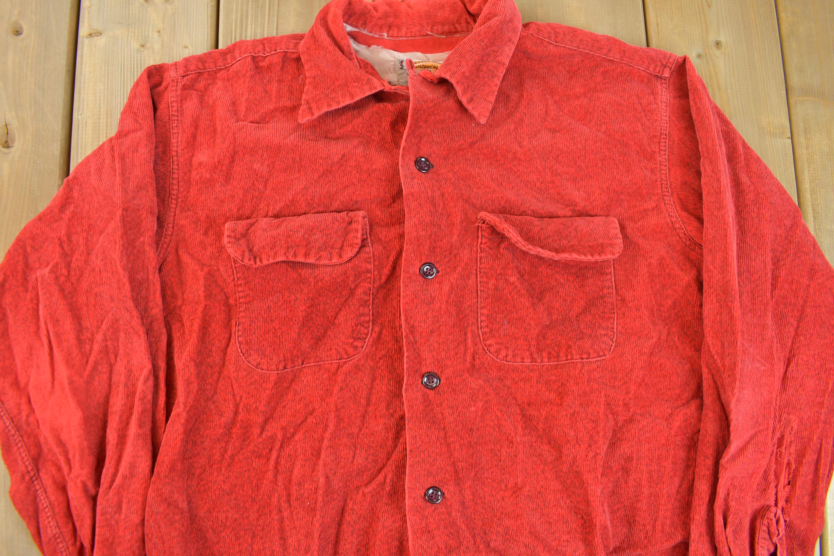 Vintage 1940s Swagger Club Sportswear Red Corduroy Button Up Shirt