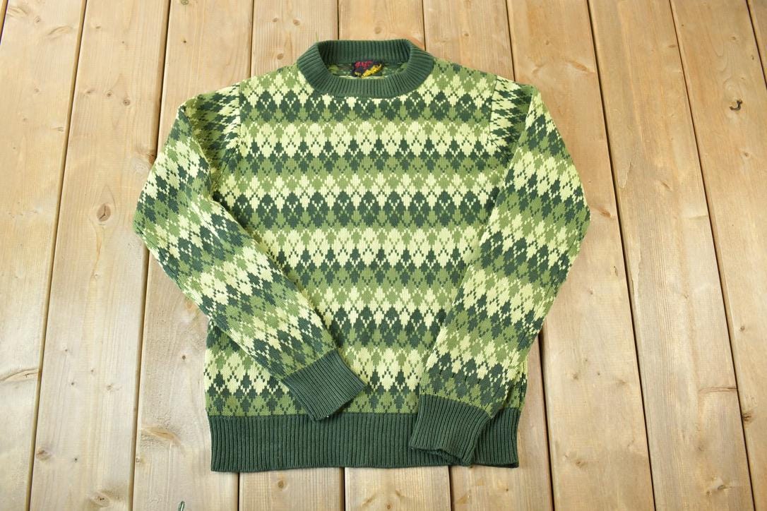 Vintage 1970s ST Leger Argyle Knit Abstract Pattern Crewneck Sweater