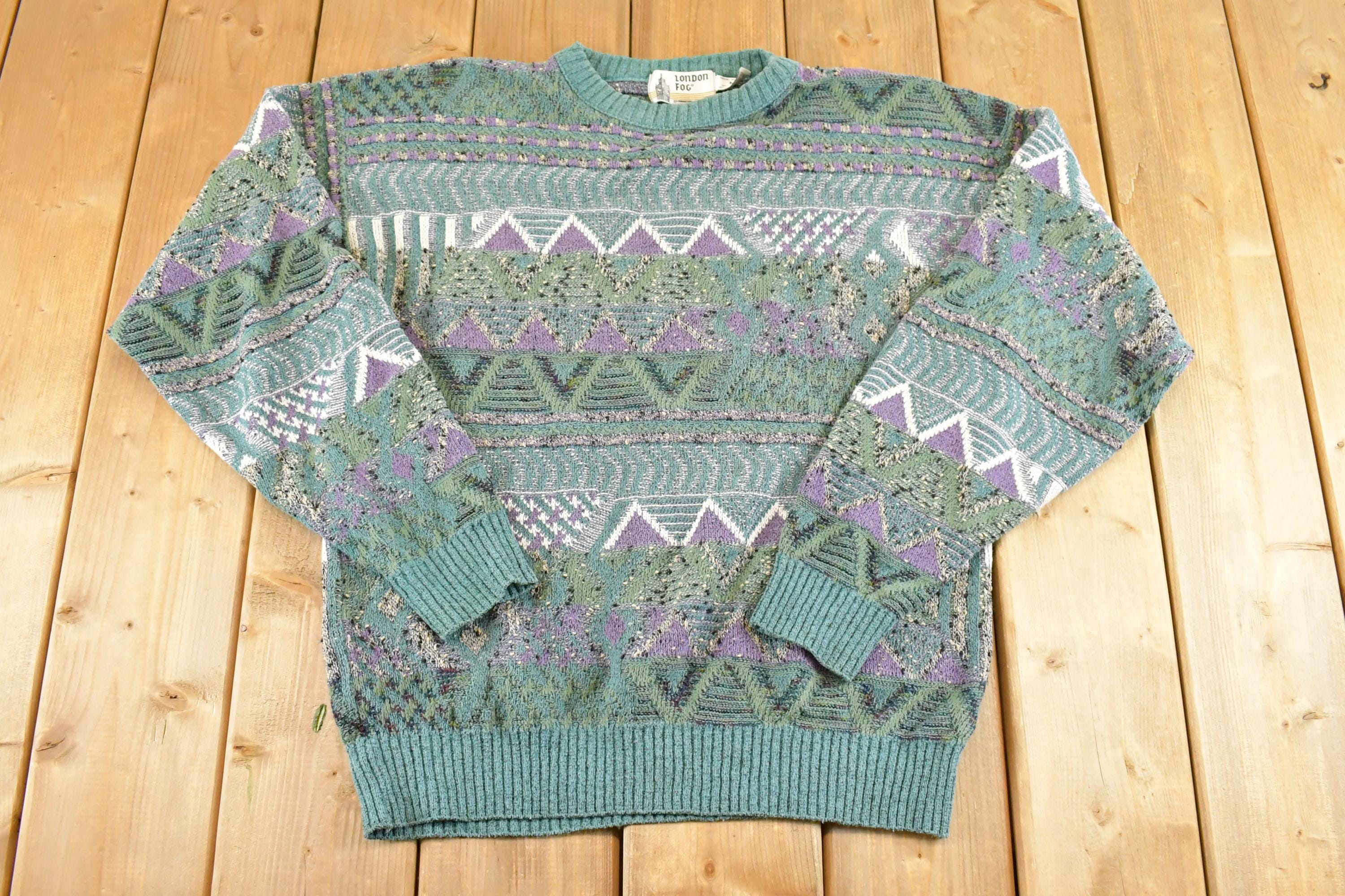 Vintage 1990s London Fog Knit Crewneck Shirt Mens M / 90's Abstract Pattern 3D Knitted Sweatshirt