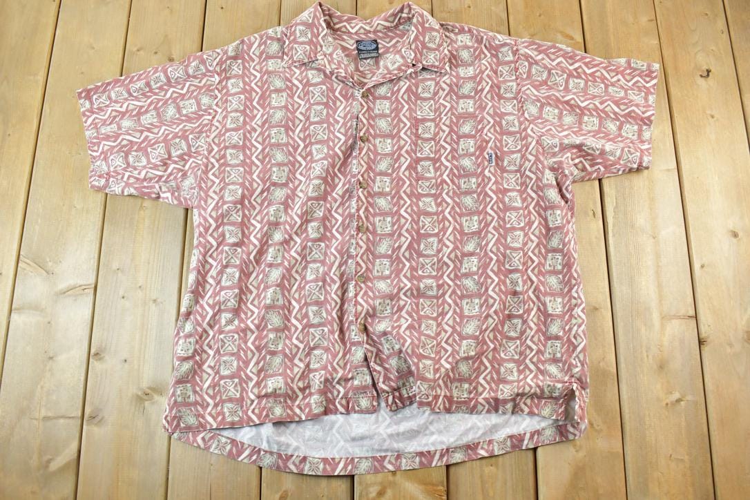 Vintage 1990s Aztec Cotton Button Up Shirt / Vintage Flannel / Plaid Button Up / Cowboy Shirt / Preppy Button Up