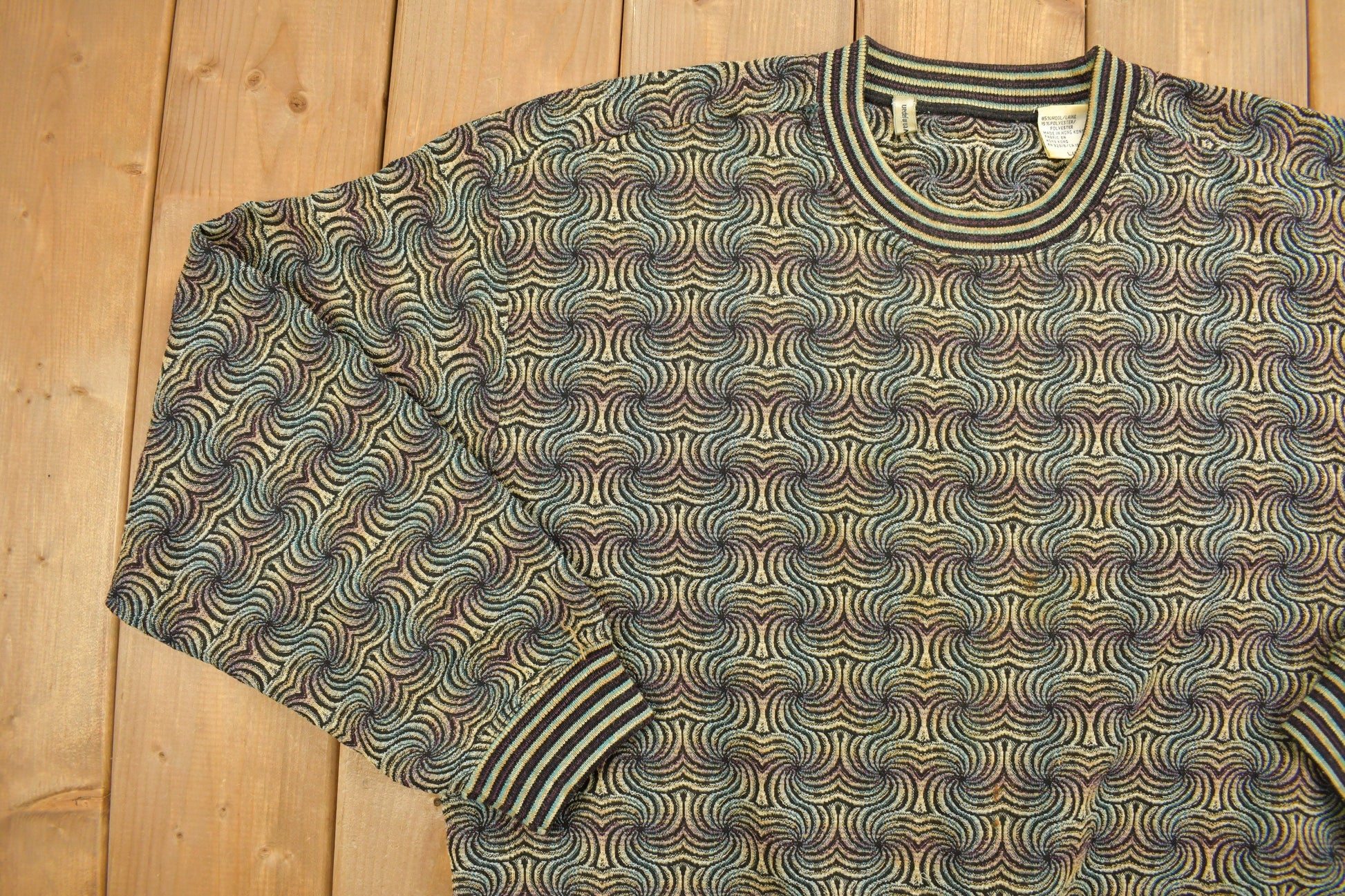 Vintage 1990s Abstract Patterned Knitted Crewneck Sweater / Vintage Crewneck / All Over Pattern / Colorful Sweatshirt / Abstract Pattern