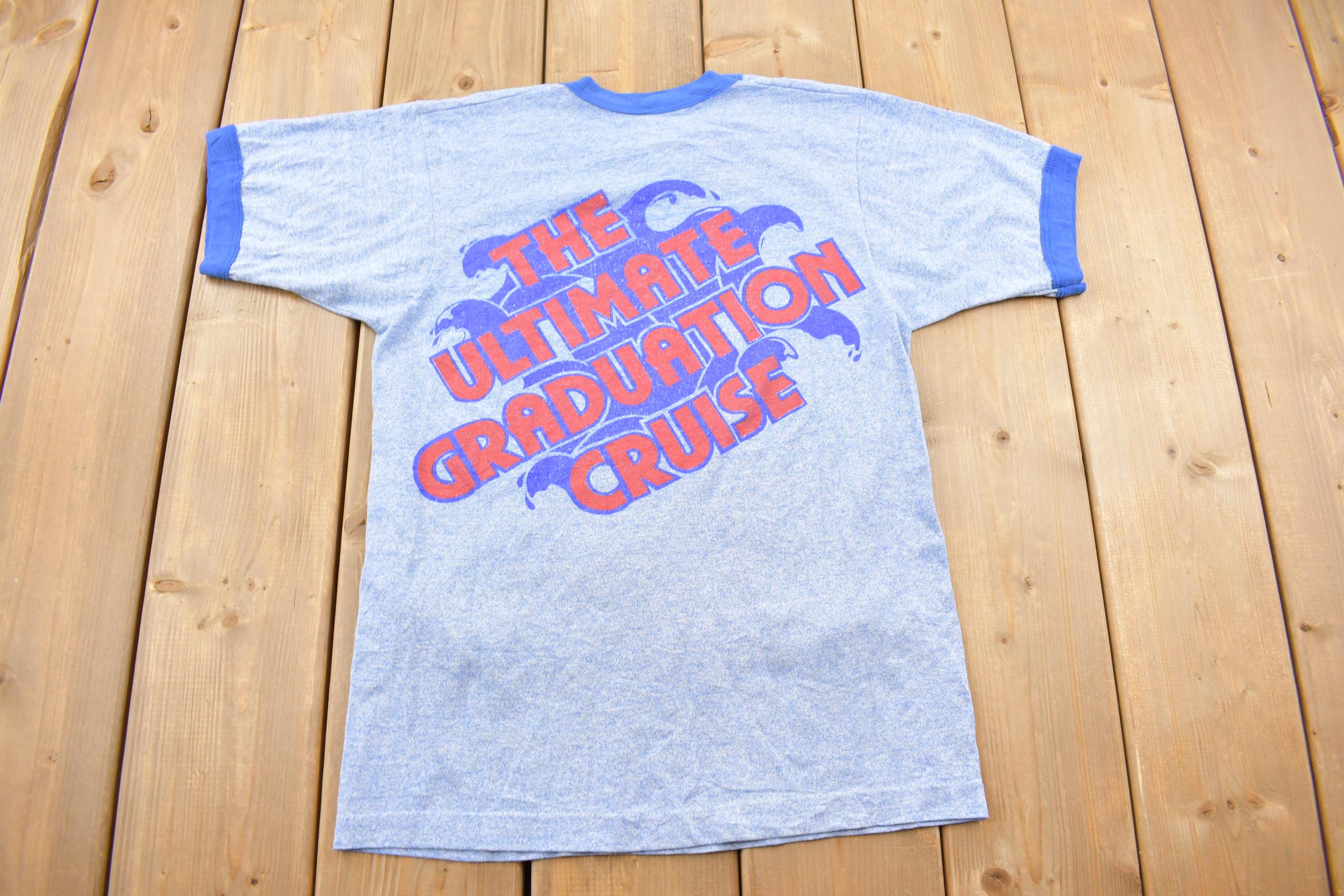 Vintage 1986 Senior Splash The Ultimate Graduation Cruise Single Stitch Graphic Ringer T-Shirt Made In USA