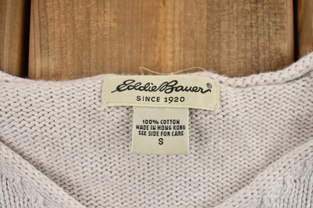 Vintage 1990s White Eddie Bauer Rolled Hem Lightweight Knit Shallow V-Neck Sweater