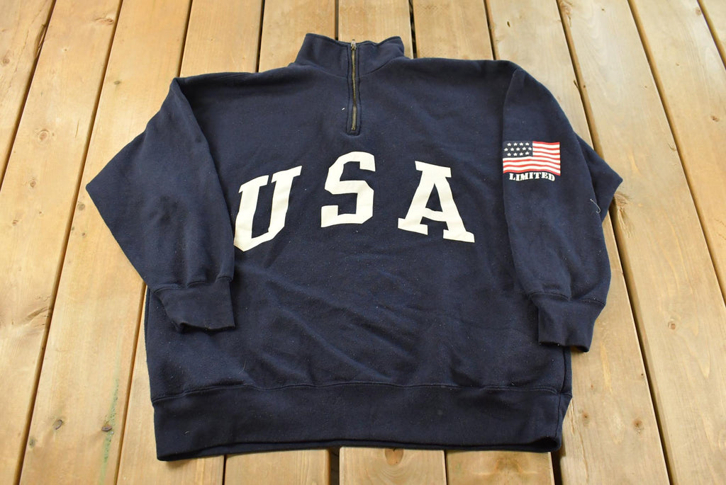 Vintage 1990s Limited Jeans USA Flag Quarter Zip Crewneck Sweatshirt Men's L / 90s Crewneck / Souvenir Sweater / Streetwear / Travel