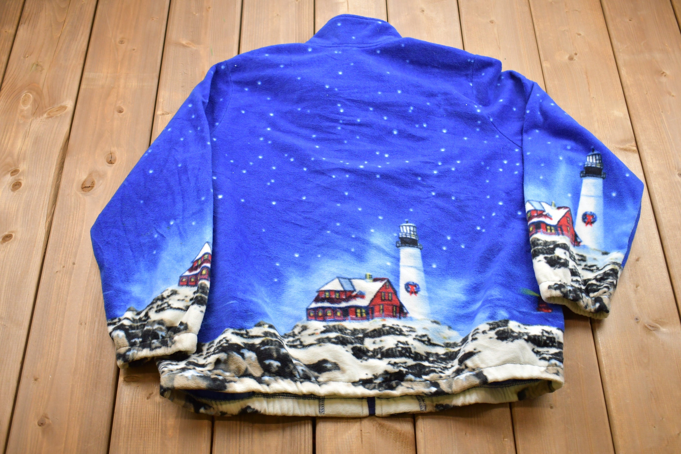 Vintage 1990s Blair Lighthouse All Over Print full Zip Fleece Sweater