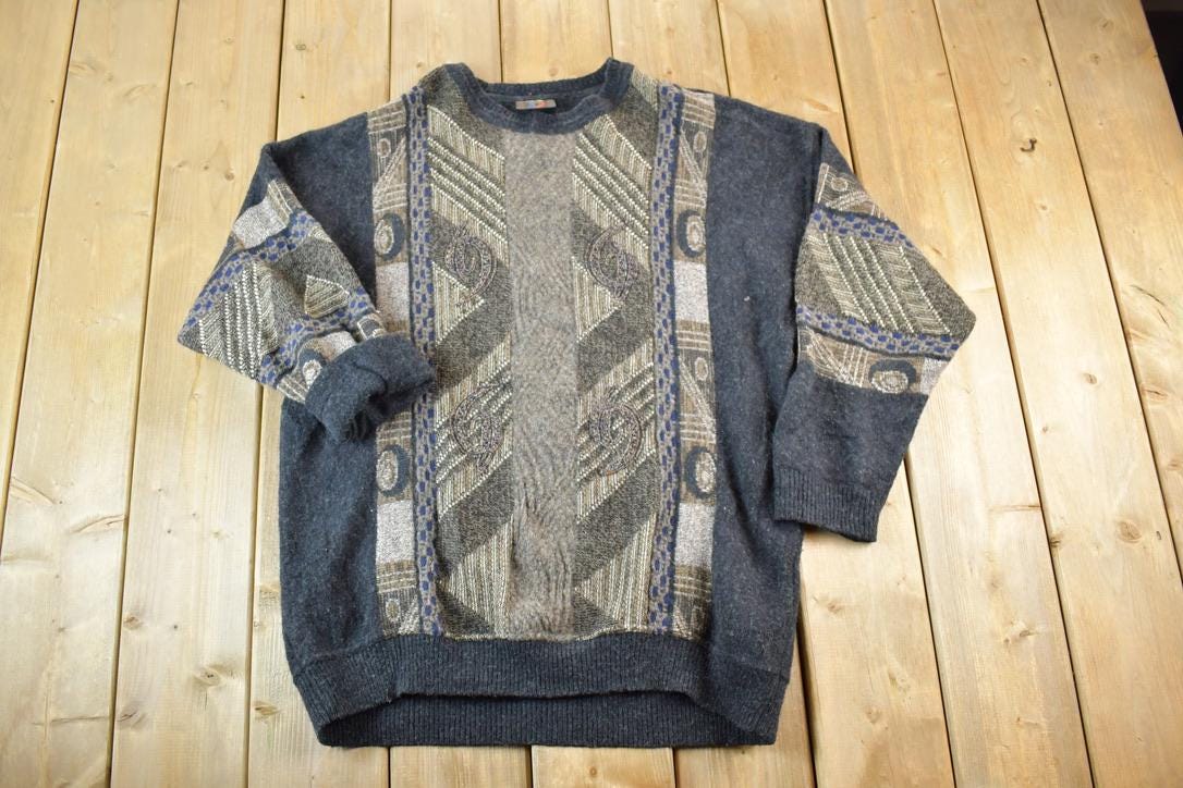 Vintage 1990s Baffo Wool Knit Abstract Pattern Crewneck Sweater /