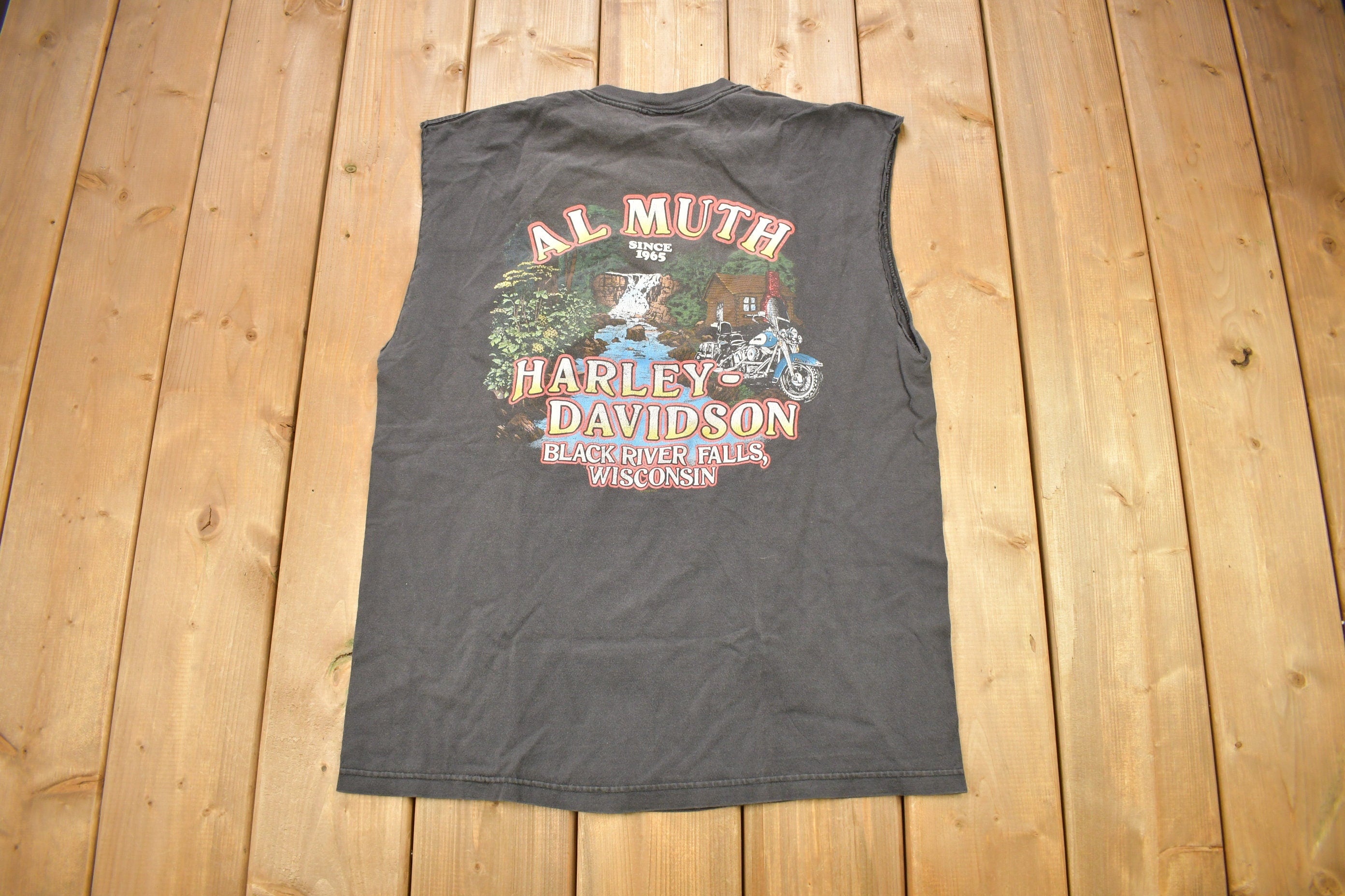 Vintage 1990s Harley Davidson Motorcycles Al Muth Black River Falls T-Shirt