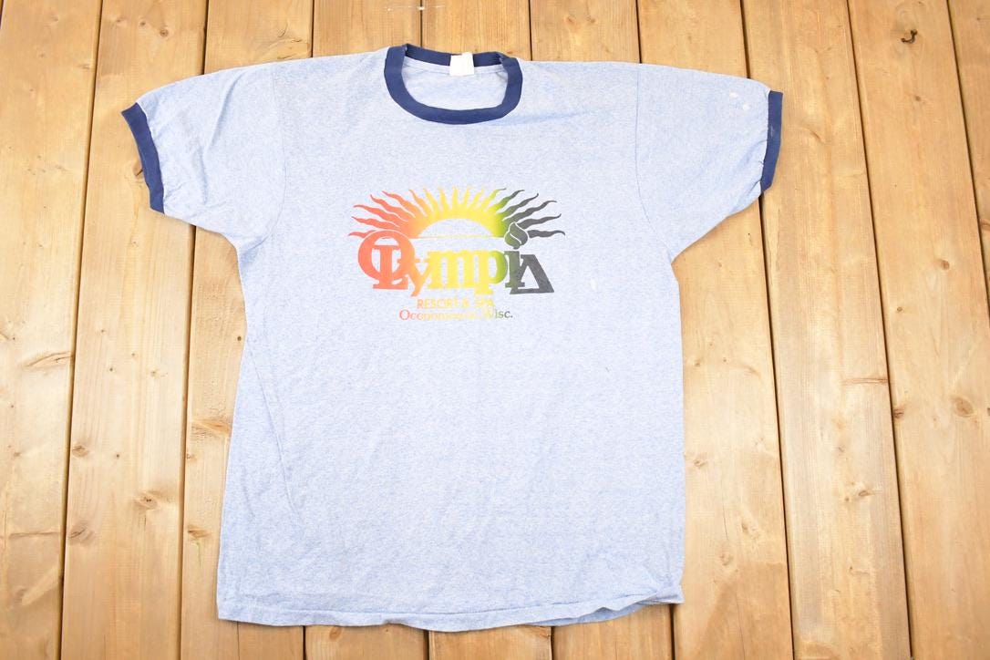 Vintage 1980s Olympia Resort And Spa Souvenir Travel Ringer T-Shirt Men's L