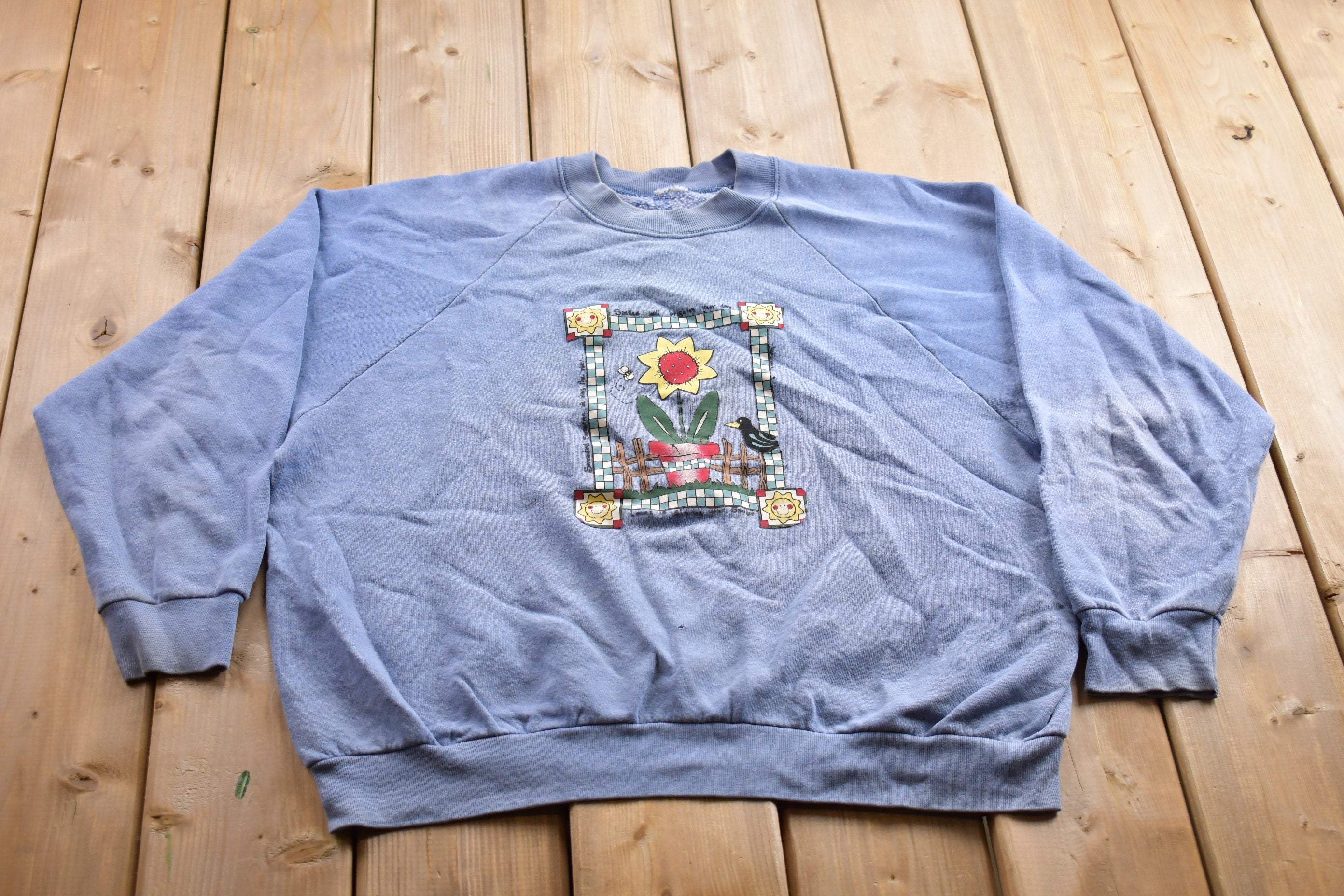 Vintage 1990s Sunshine Theme Floral Graphic Crewneck Sweater