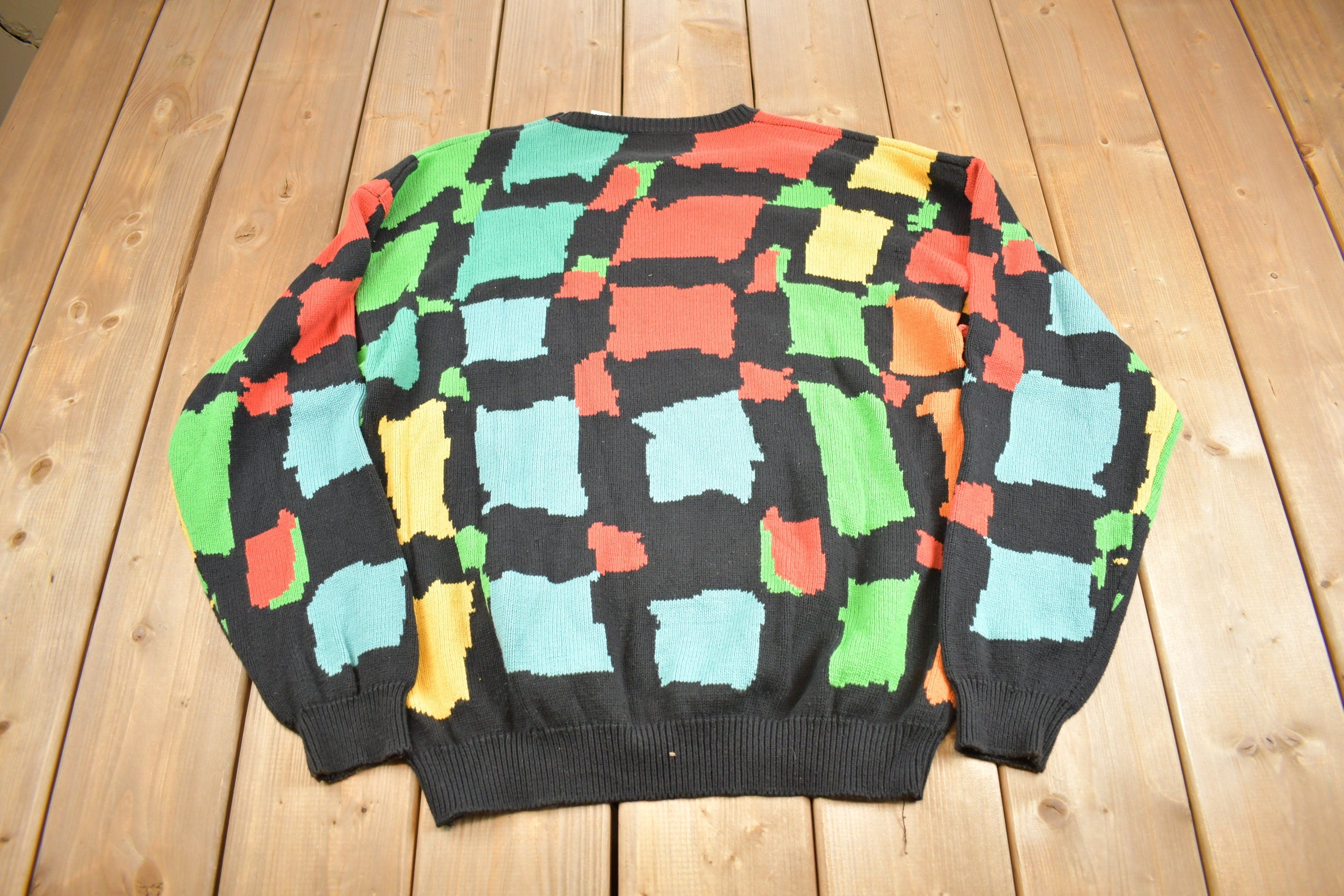 Vintage 1990s Perry Ellis Abstract Colour Block Knit Sweater