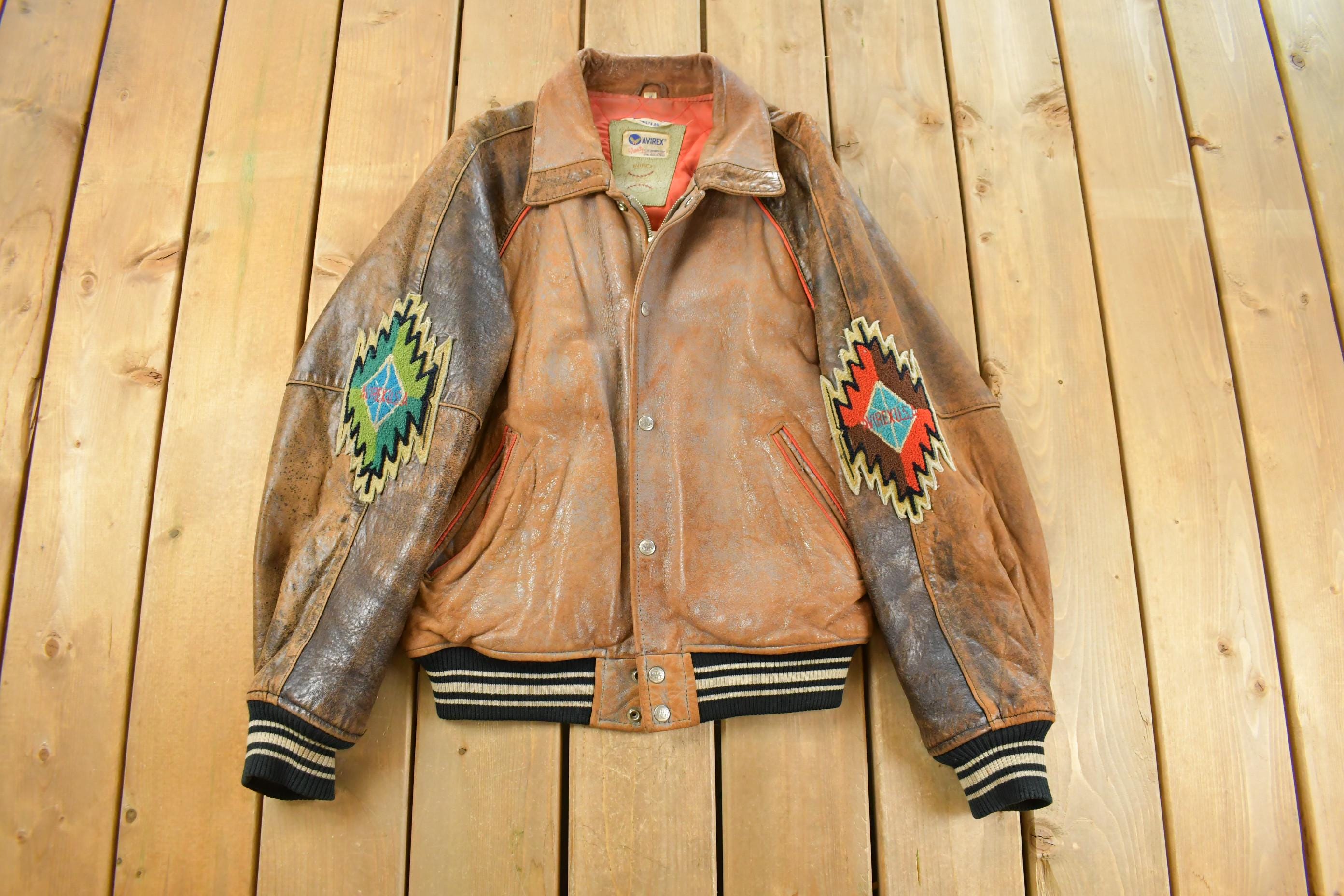 Vintage 1990s Avirex USA Native Tribal Leather Varsity Jacket Men's Medium