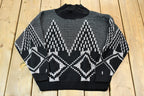 Vintage 1990s Fortune Knits Black and White Abstract Patterned Knit Turtleneck Sweater