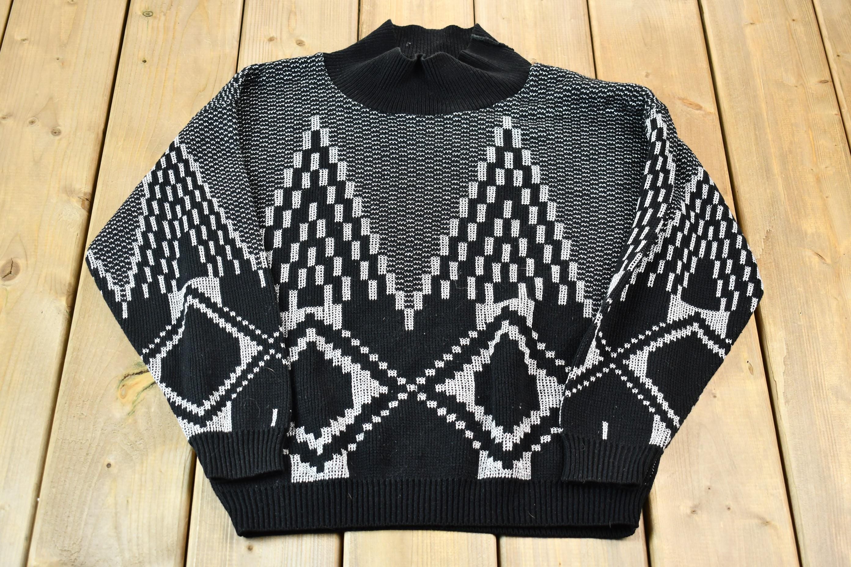 Vintage 1990s Fortune Knits Black and White Abstract Patterned Knit Turtleneck Sweater