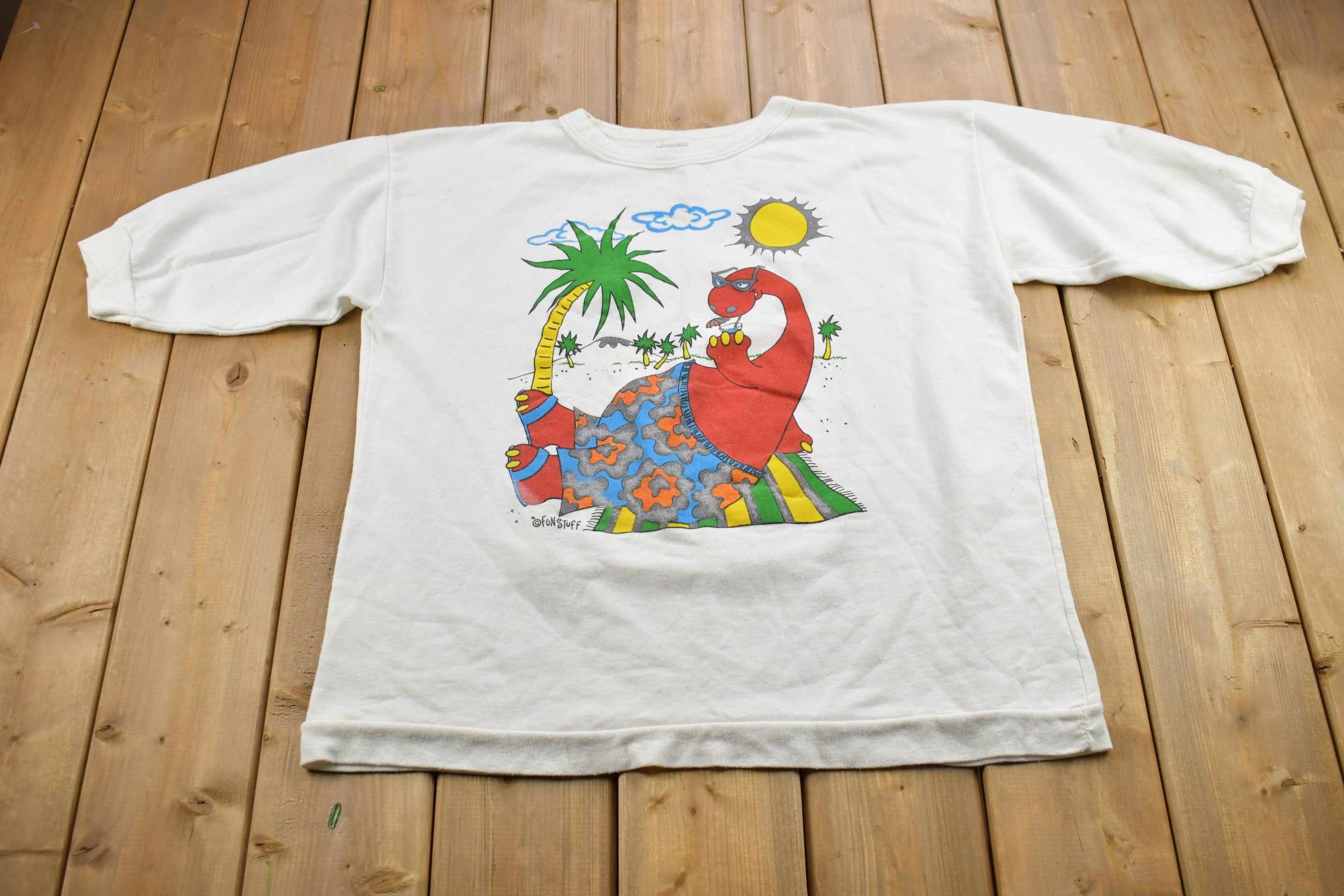 Vintage 1990s Fun Stuff NY Dinosaur Theme Crewneck Short Sleeve Sweatshirt