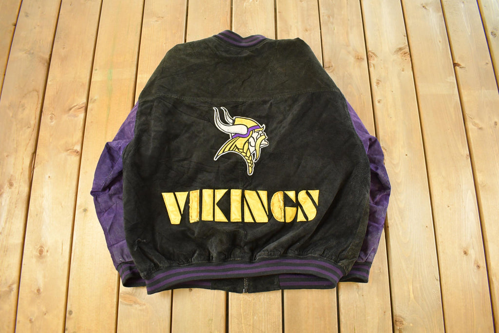 Vintage 1990's Minnesota Vikings Distressed Suede Leather Letterman Jacket Mens Large