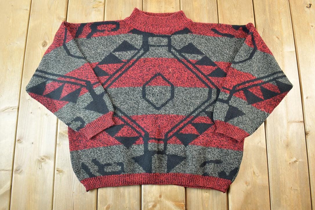 Vintage 1990s Knit Abstract Pattern Crewneck Sweater Mens L