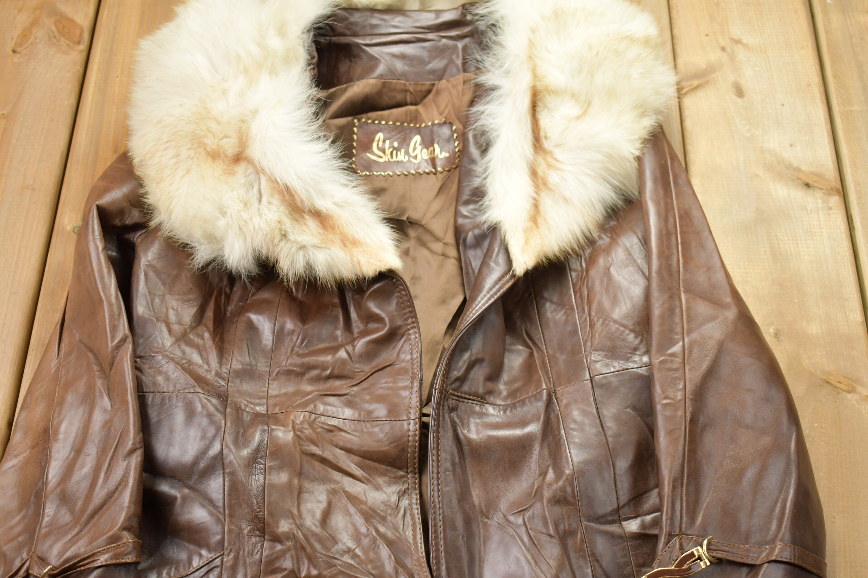 Vintage 1970s Leather Trench Coat With Fox Fur Collar