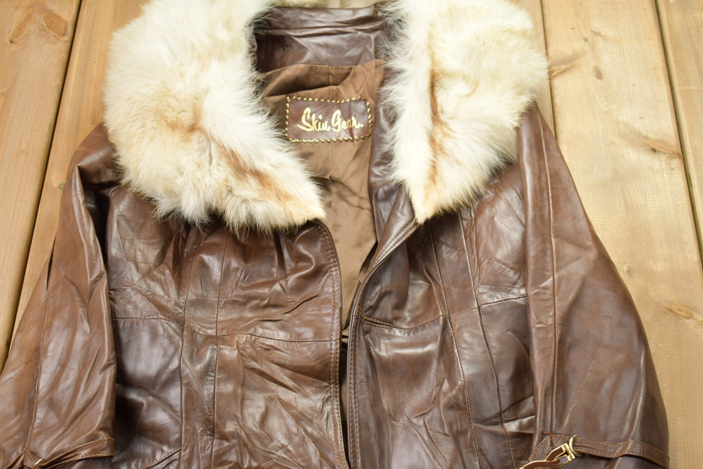 Vintage 1970s Leather Trench Coat With Fox Fur Collar