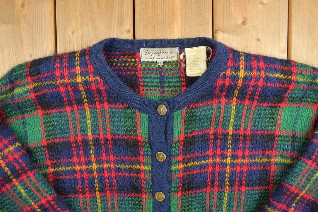 Vintage 1990s Northern Isles Plaid Knit Cardigan Sweater