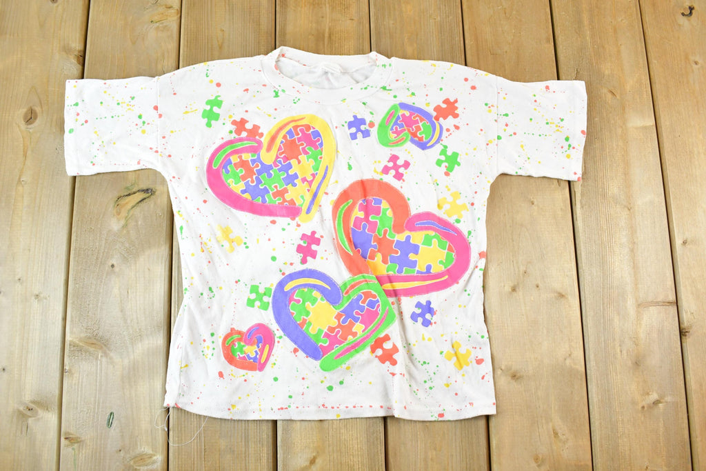 Vintage 1990s Andover Togs Puzzle Hearts Souvenir All Over Print T-Shirt Women's S