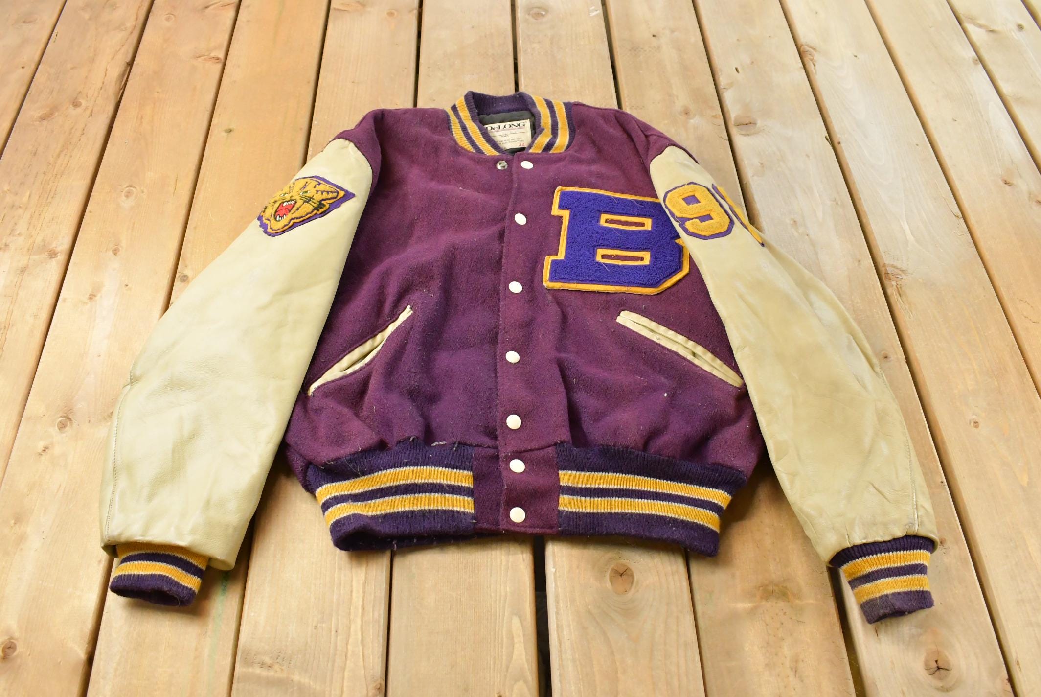 Vintage 1990s DeLong Collegiate Wool Leather Varsity Jacket Men's Large / 90s Wool Coat / Letterman Jacket / Made In USA
