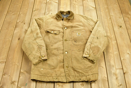 Vintage 1980s Carhartt Tan Chore Coat / Workwear / Streetwear / Made In USA / Blanket Lined Jacket / Distressed Carhartt / Work Jacket