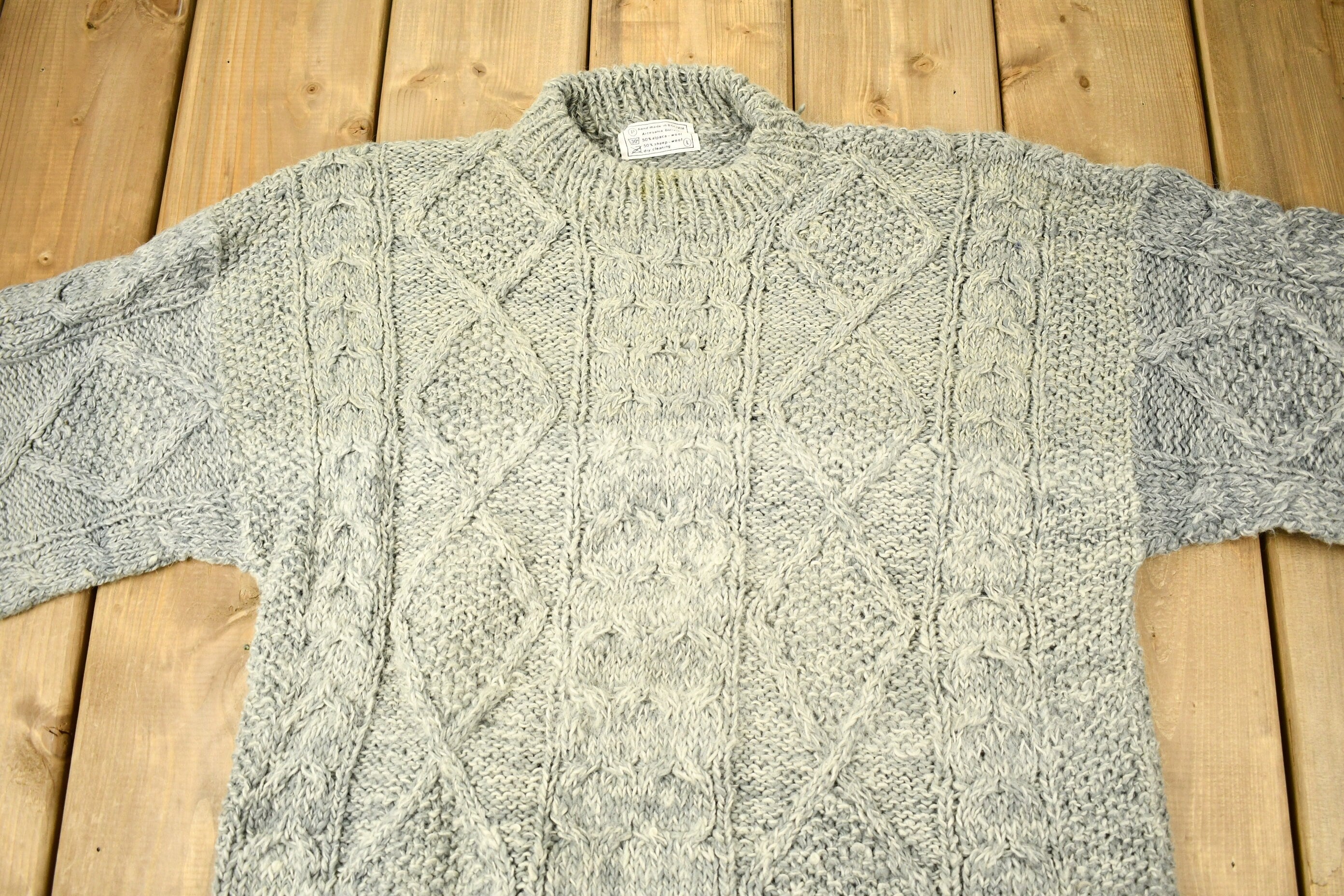 Vintage 1990s Hand Made Wool 3D Cable Knit Crewneck Sweater