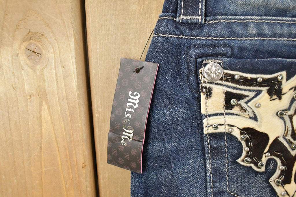 Vintage Deadstock Y2K Miss Me Bedazzled Low Rise Jeans Women's Size 26x31 / Boot Cut Jeans / 2000's Embroidered Contrast Stitched Denim