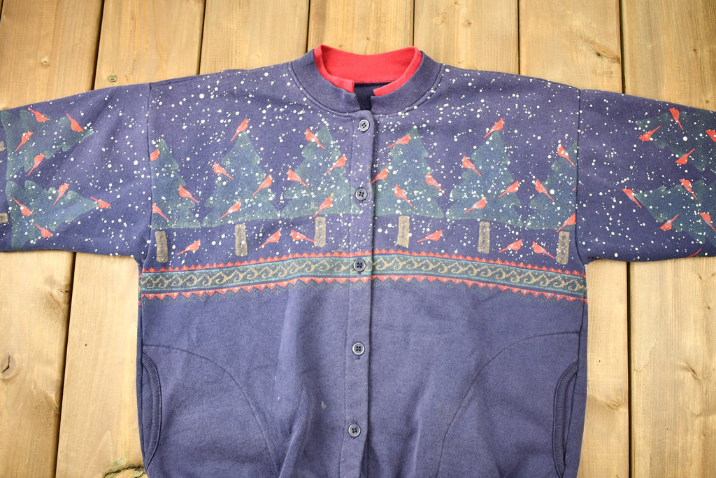 Vintage 1990s Winter Cardinal Theme Button Up Sweatshirt