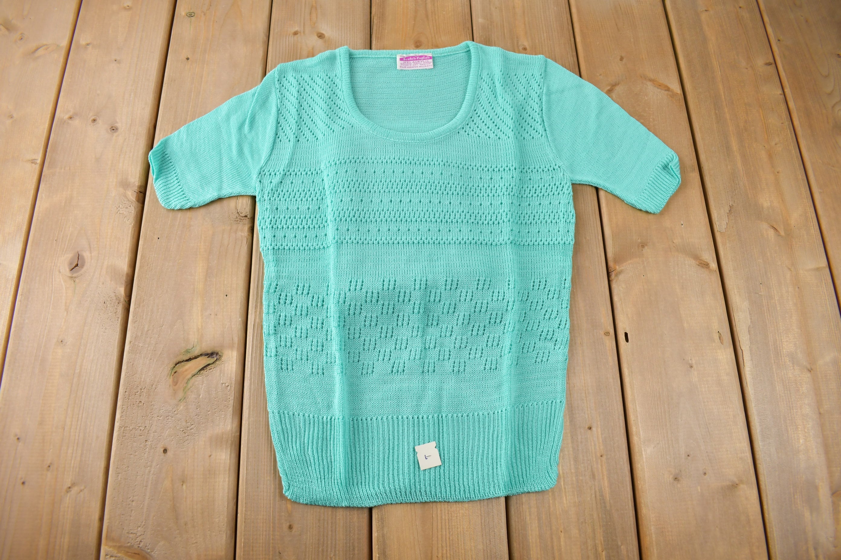 True Vintage 1960s Deadstock Miss Scotch English Short Sleeve Turquoise Knit Acrylic Sweater