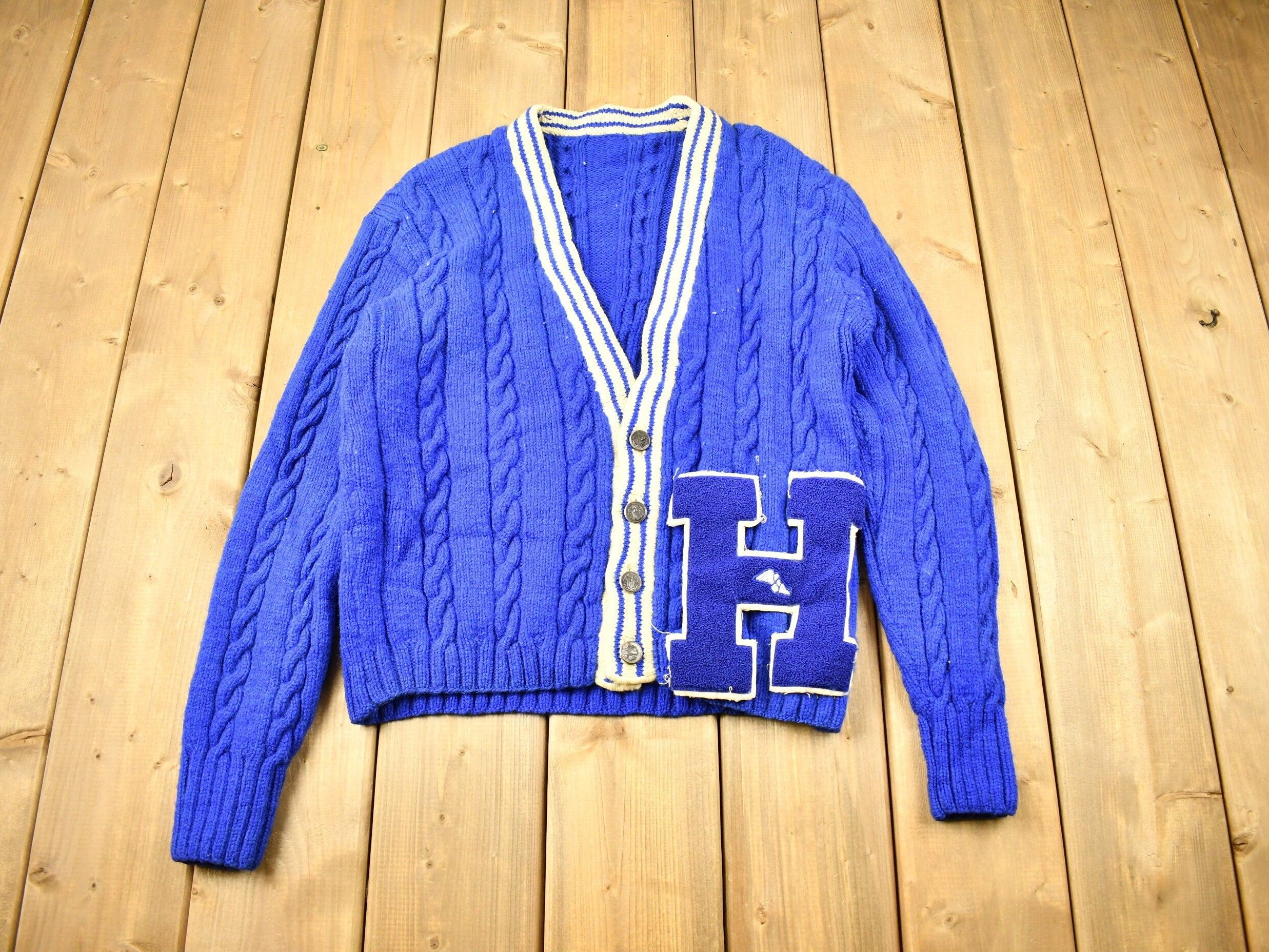 Vintage 1960s Cable Knit Collegiate Cardigan Sweater  H  Vintage Cardigan  Button Up  Patchwork  Made In USA  True Vintage