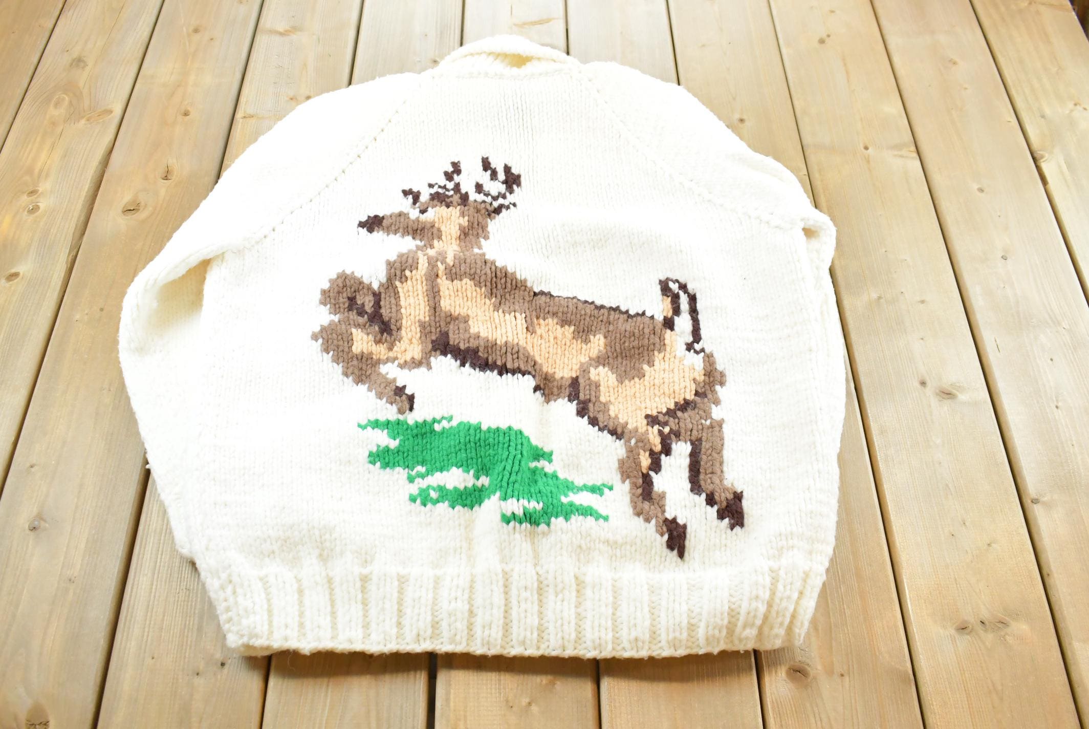 Vintage 1960s Cowichan Shawl Collar Knit Deer Sweater Men's XL