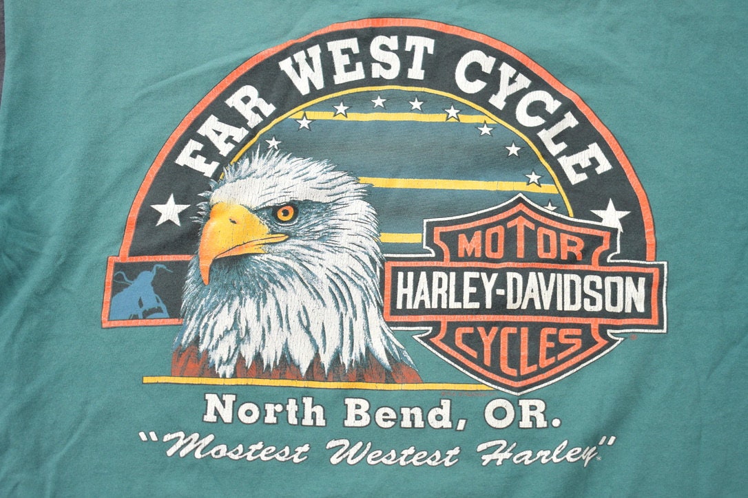 Vintage 1990s Harley Davidson Motorcycles North Bend OR Far West Cycle T-Shirt Single Stitch