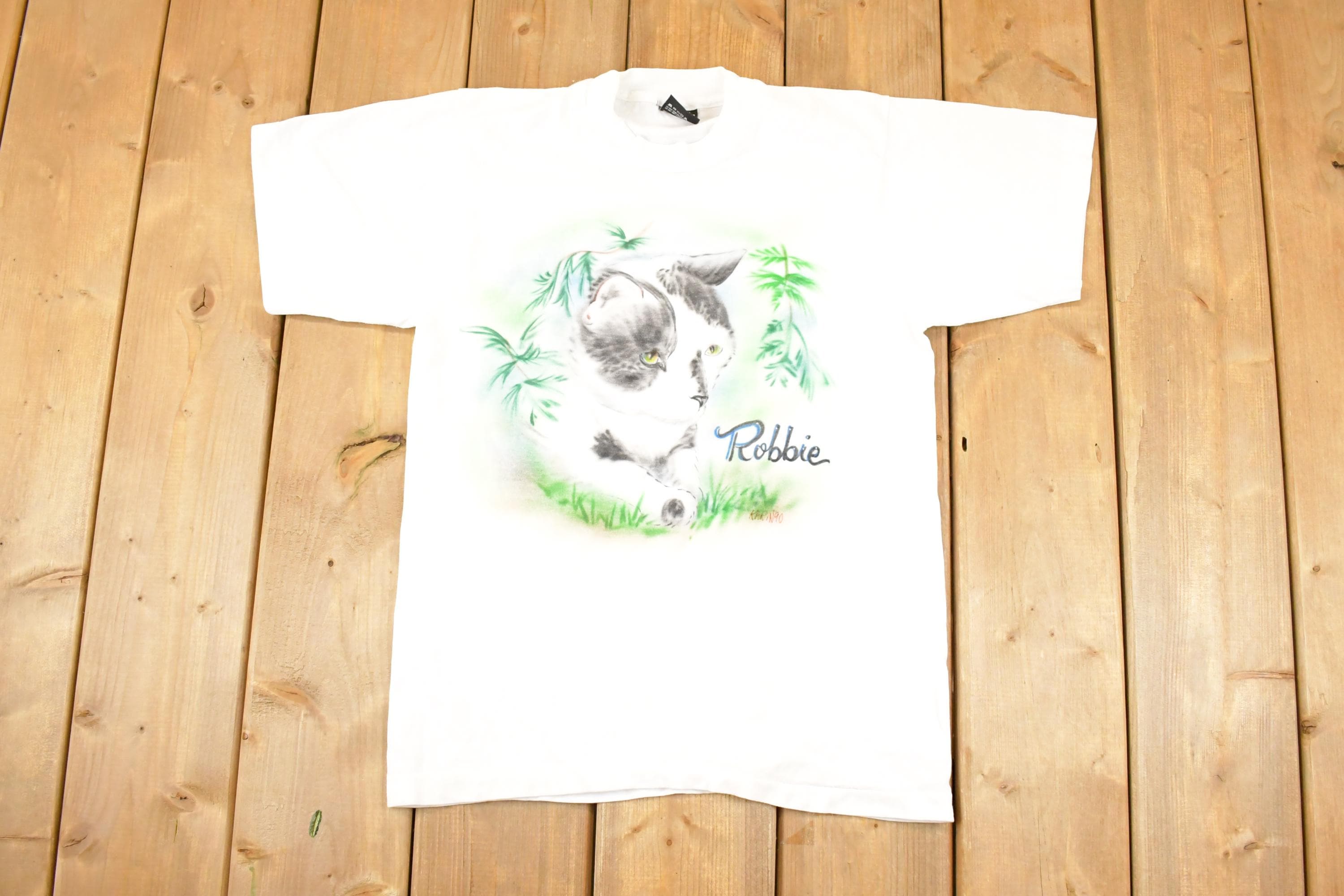 Vintage 1990s Robbie Airbrushed Kitty Souvenir Travel T-Shirt Women's M