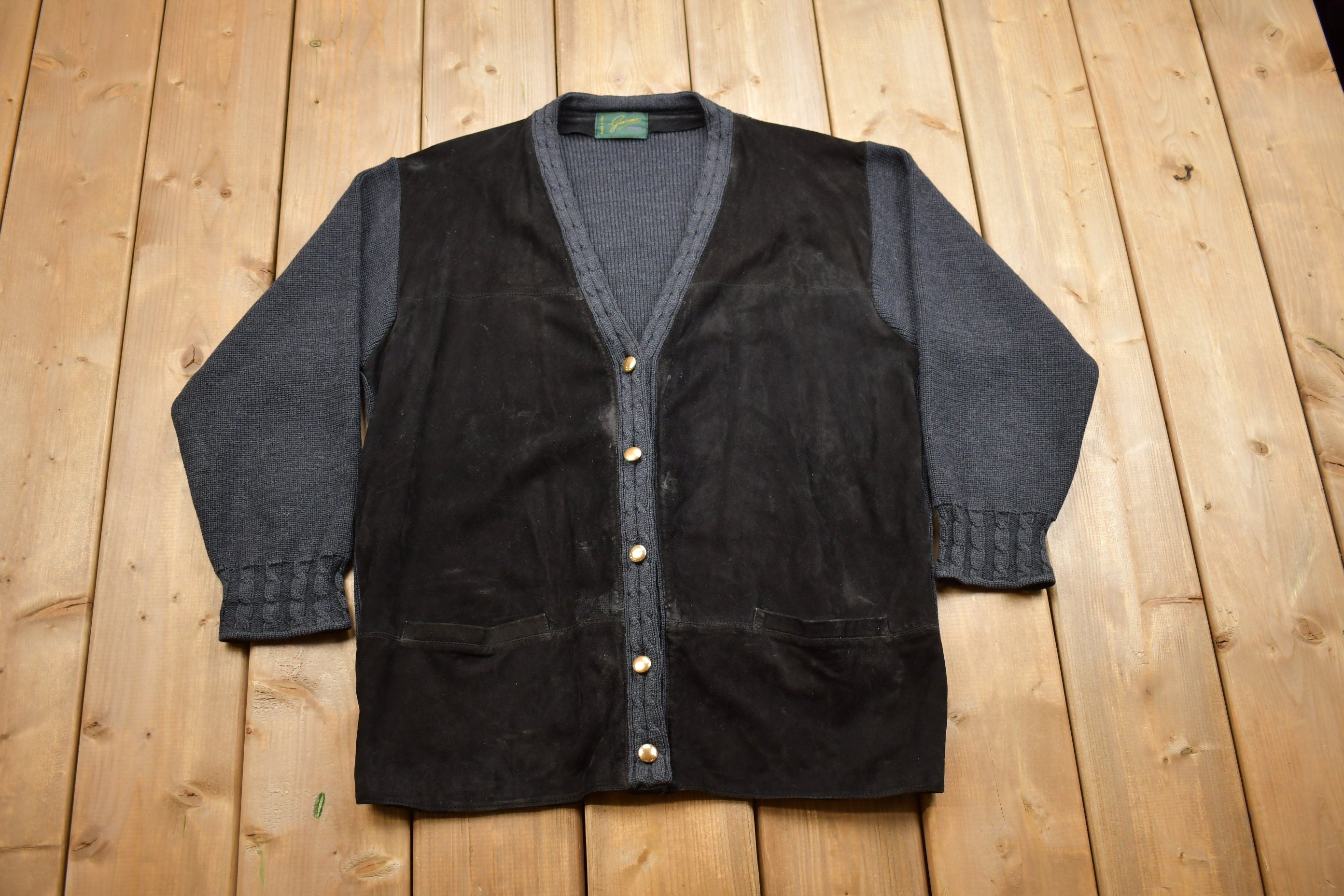 Vintage 1980s Giacomo Firenze Suede Leather Knit Cardigan Sweater