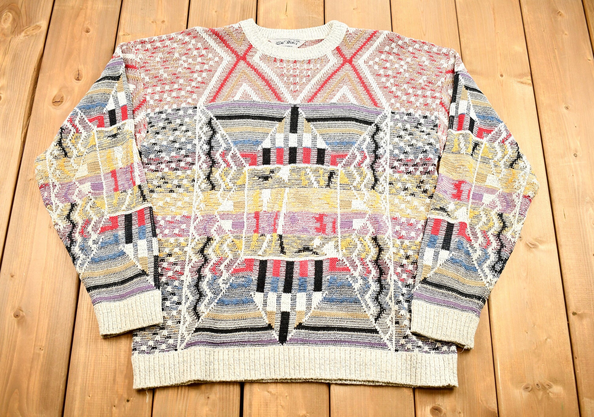 Vintage 1990s All Over Pattern Da Vinci Geometric California Knit Sweater /