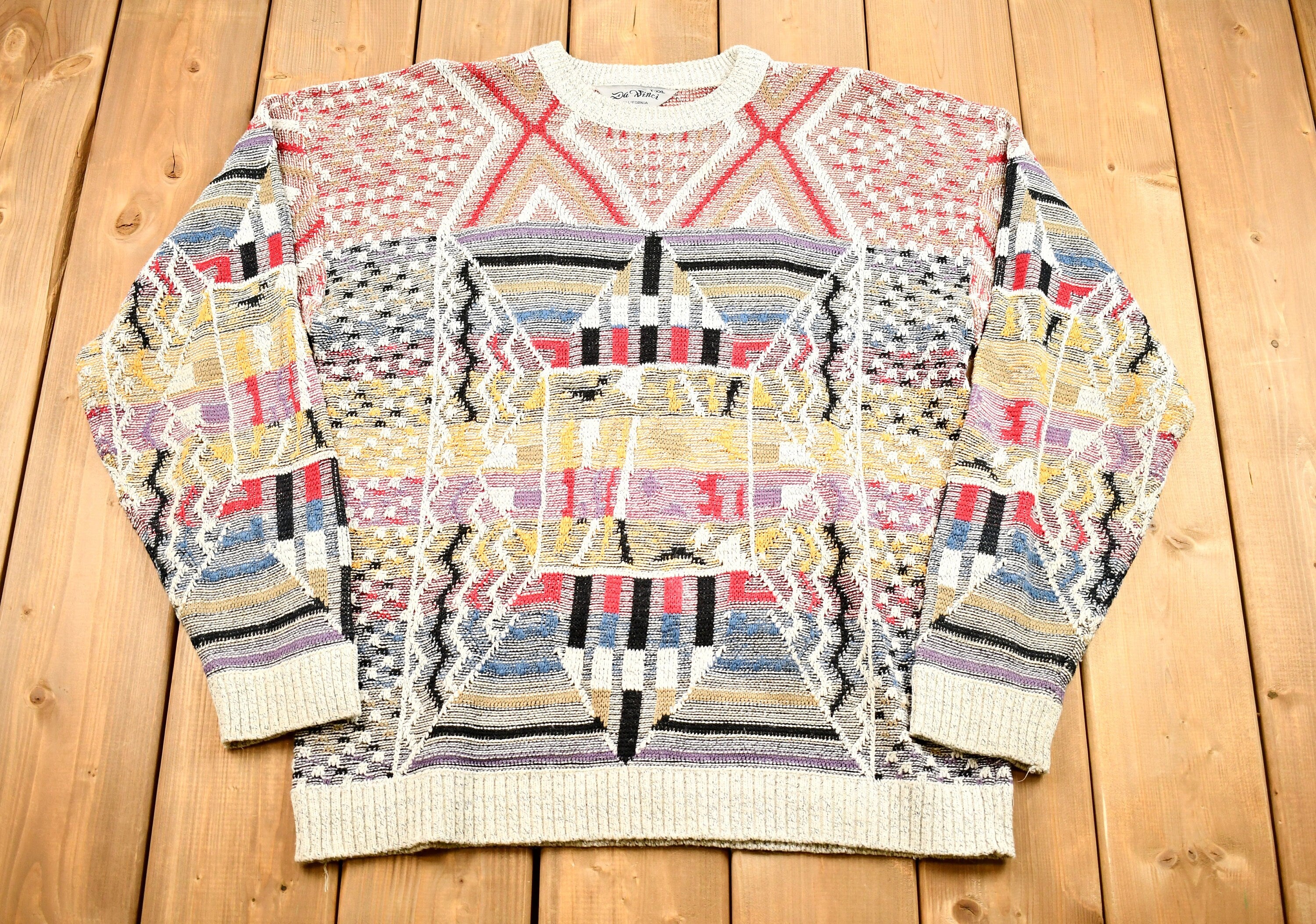 Vintage 1990s All Over Pattern Da Vinci Geometric California Knit Sweater