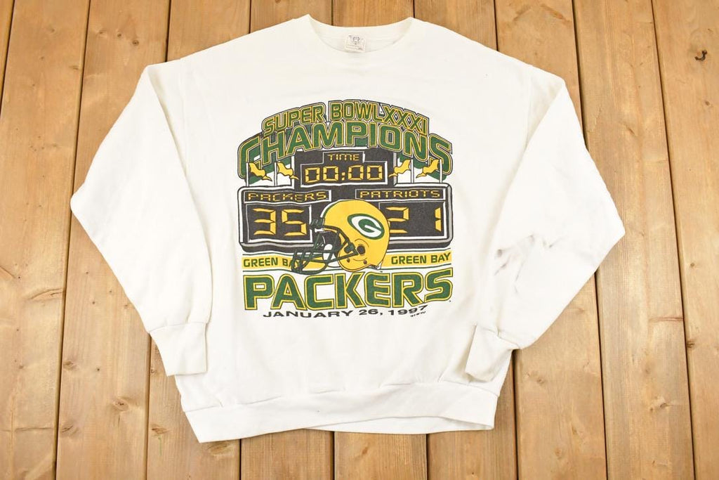 Vintage 1997 Green Bay Packers Super Bowl Champions Graphic Print NFL Football Crewneck Sweatshirt Men's L