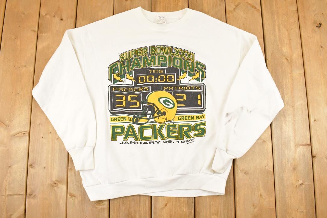 Vintage 1997 Green Bay Packers Super Bowl Champions Graphic Print NFL Football Crewneck Sweatshirt Men's L
