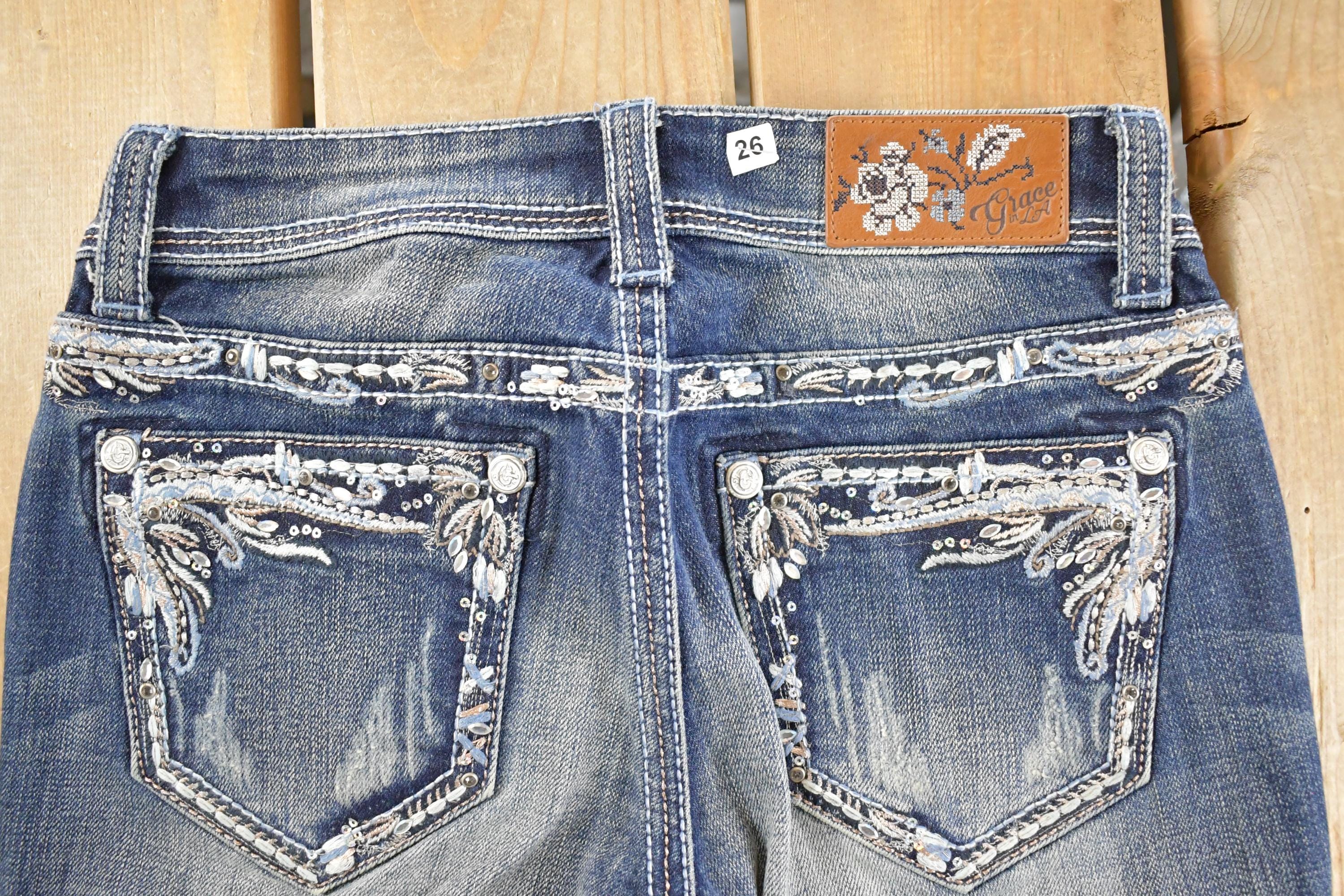 Vintage Deadstock Y2K Grace In LA Bedazzled Bootcut Low Rise Jeans Women's Size 26 x 32