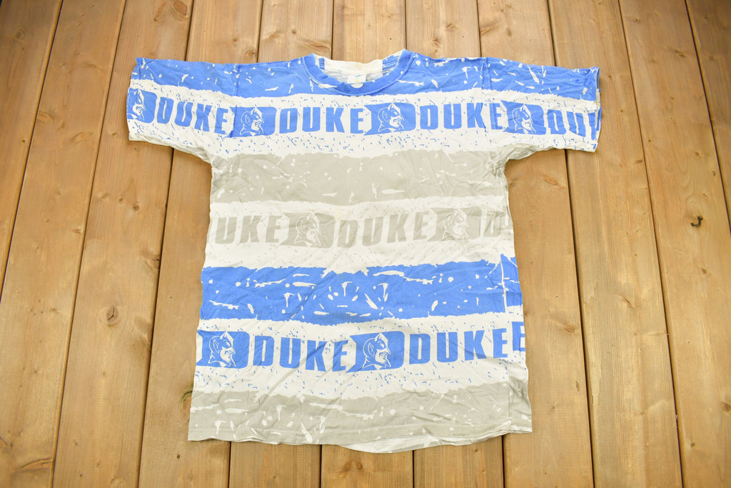 Vintage 1990s Duke University Blue Devils Collegiate T-Shirt  All Over Print  NCAA Tee  Single Stitch  Sportswear  Made In USA